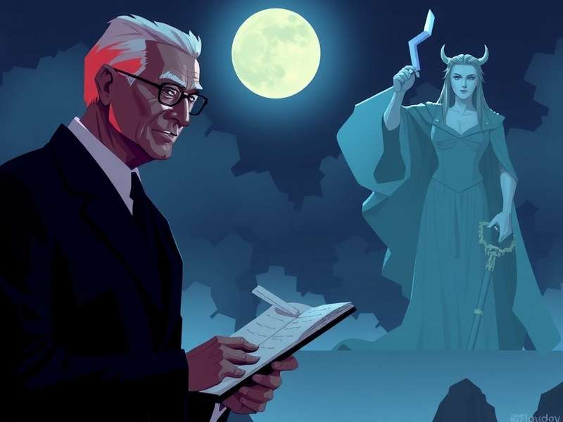 Concept art of Peter Cushing character in Resurrected 2, looking over a devastated cityscape