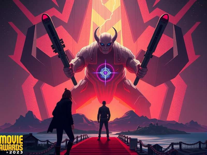 Resurrected 2023 Movie Awards – Grand stage with golden trophies and cinematic backdrop